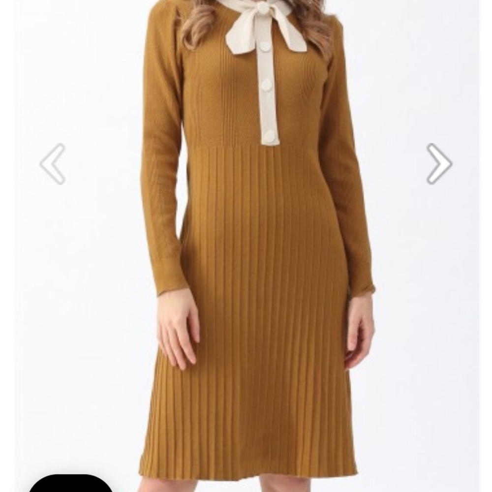 Self-Tied Bowknot Neck Knit Midi Dress in Mustard